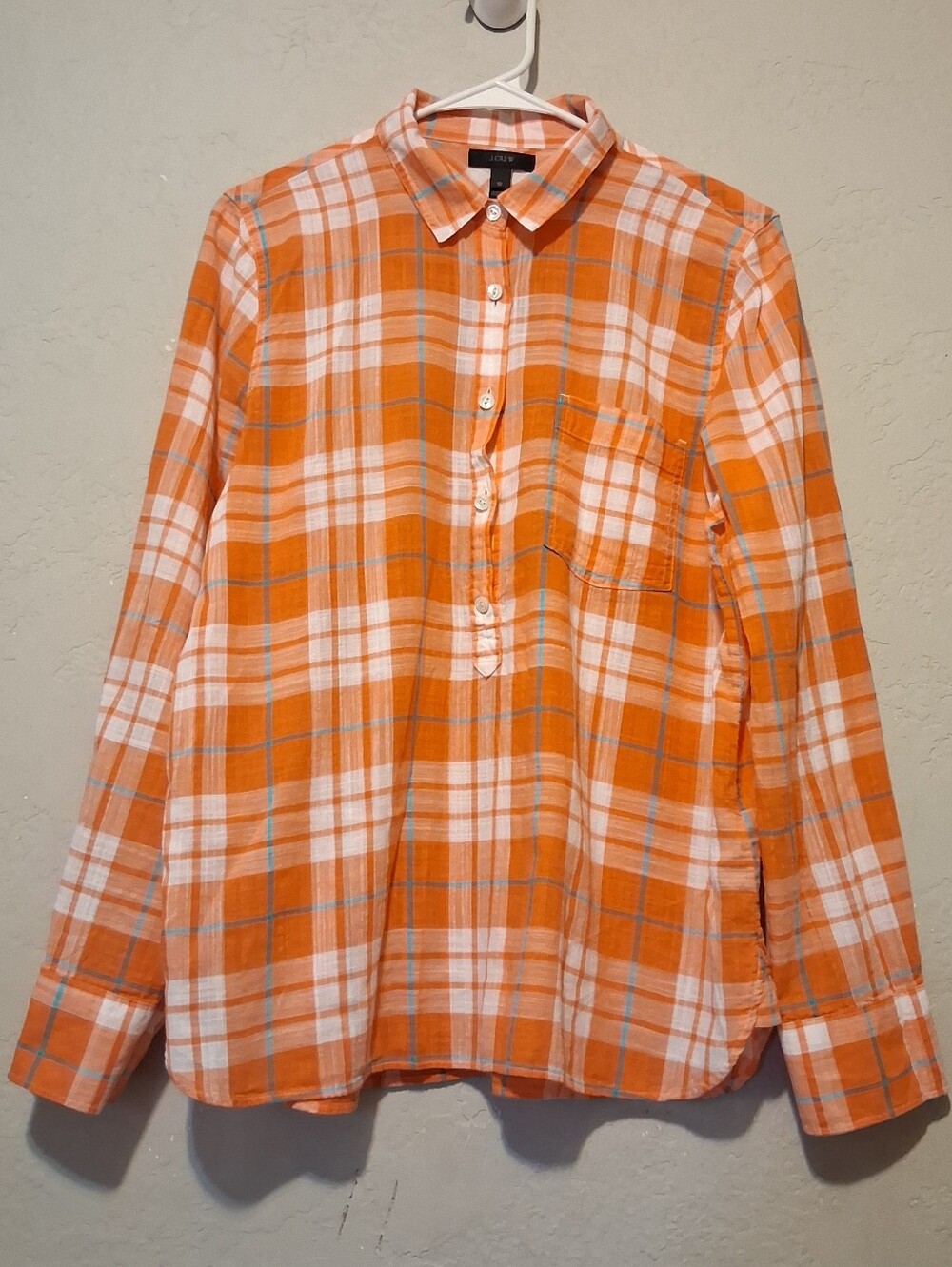 J. Crew Women Long Sleeve Top Tunic Sz10 Orange/White Plaid Pocket - Picture 2 of 11